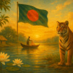 Bangladesh’s national symbols — Royal Bengal Tiger, Hilsa fisherman, Shapla flowers, Doyel bird, mango and jackfruit trees, and the national flag — set in a warm sunset river scene symbolising unity, beauty, and pride.