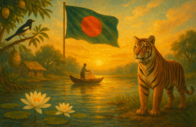 Bangladesh’s national symbols — Royal Bengal Tiger, Hilsa fisherman, Shapla flowers, Doyel bird, mango and jackfruit trees, and the national flag — set in a warm sunset river scene symbolising unity, beauty, and pride.