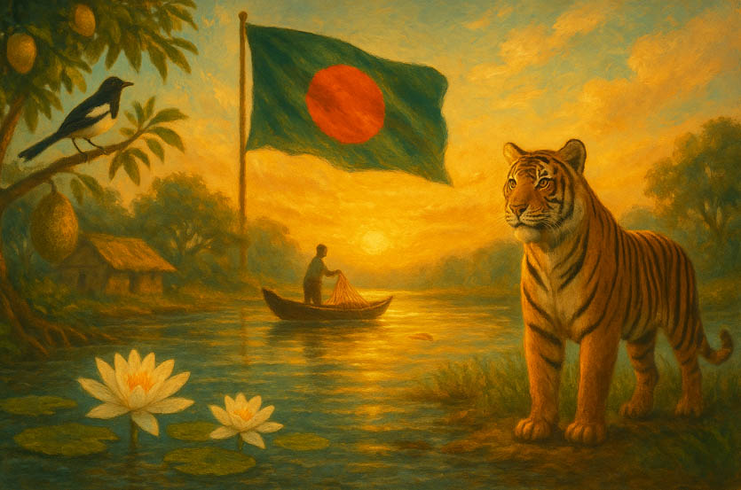 Bangladesh’s national symbols — Royal Bengal Tiger, Hilsa fisherman, Shapla flowers, Doyel bird, mango and jackfruit trees, and the national flag — set in a warm sunset river scene symbolising unity, beauty, and pride.
