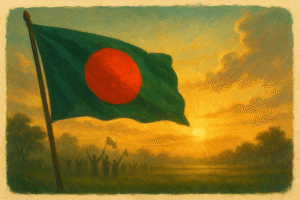 Golden sunrise behind the Bangladesh national flag waving over green fields, symbolising freedom and pride from the 1971 Liberation War