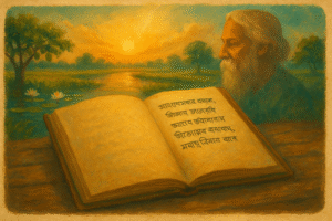 Illustration of Bangladesh’s national anthem Amar Sonar Bangla with glowing handwritten Bengali verses, surrounded by rivers, fields, and sunlight