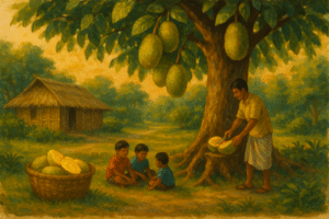 illustration of a Bangladeshi village with a jackfruit tree full of ripe kathal fruits, children playing beneath and sunlight glowing through trees, symbolizing abundance and hospitality