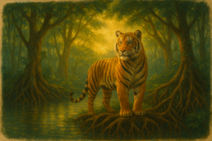 illustration of a Royal Bengal Tiger standing on mangrove roots in the Sundarbans, surrounded by golden sunlight and lush greenery symbolizing strength and pride of Bangladesh