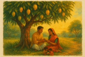 illustration of a mango tree in a Bangladeshi village, with a family sitting beneath its shade and ripe mangoes glowing in sunset light — symbolizing love, life, and heritage
