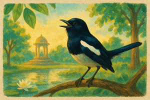 illustration of the Oriental Magpie Robin (Doyel) singing on a branch near Doyel Chattar in Dhaka, glowing in soft golden light symbolizing Bangladesh’s national bird and joyful spirit